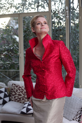 veste femme tailleur soie brode rouge