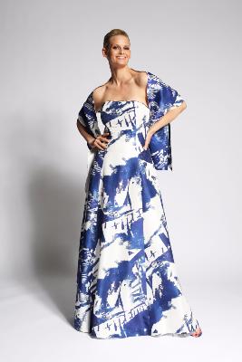 Robe de soirée originale en soie imprimée bleu indigo KYRA