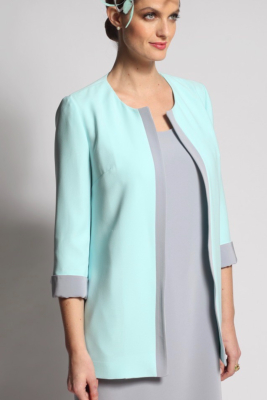 Veste 3/4  YUCCA en crêpe bicolore Aqua et tourterelle T40